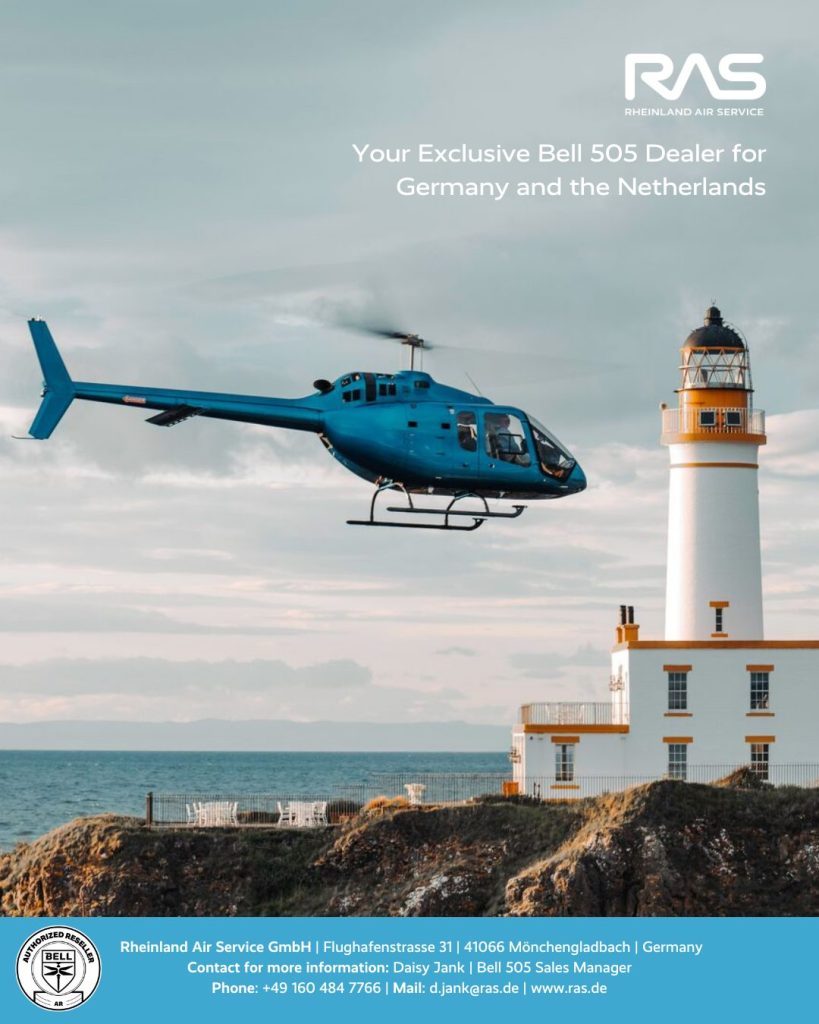 Blue Bell 505 helicopter near a lighthouse, Rheinland Air Service, Helipaddy, Germany and Netherlands exclusive dealer.