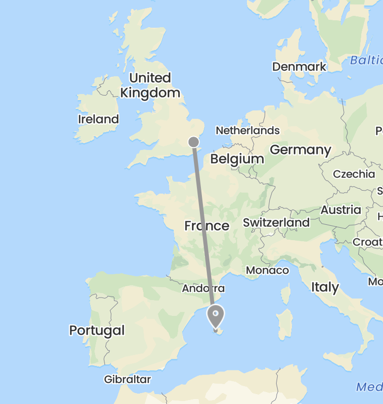 Map showing a Helipaddy flight route from the UK to Ibiza across Europe.