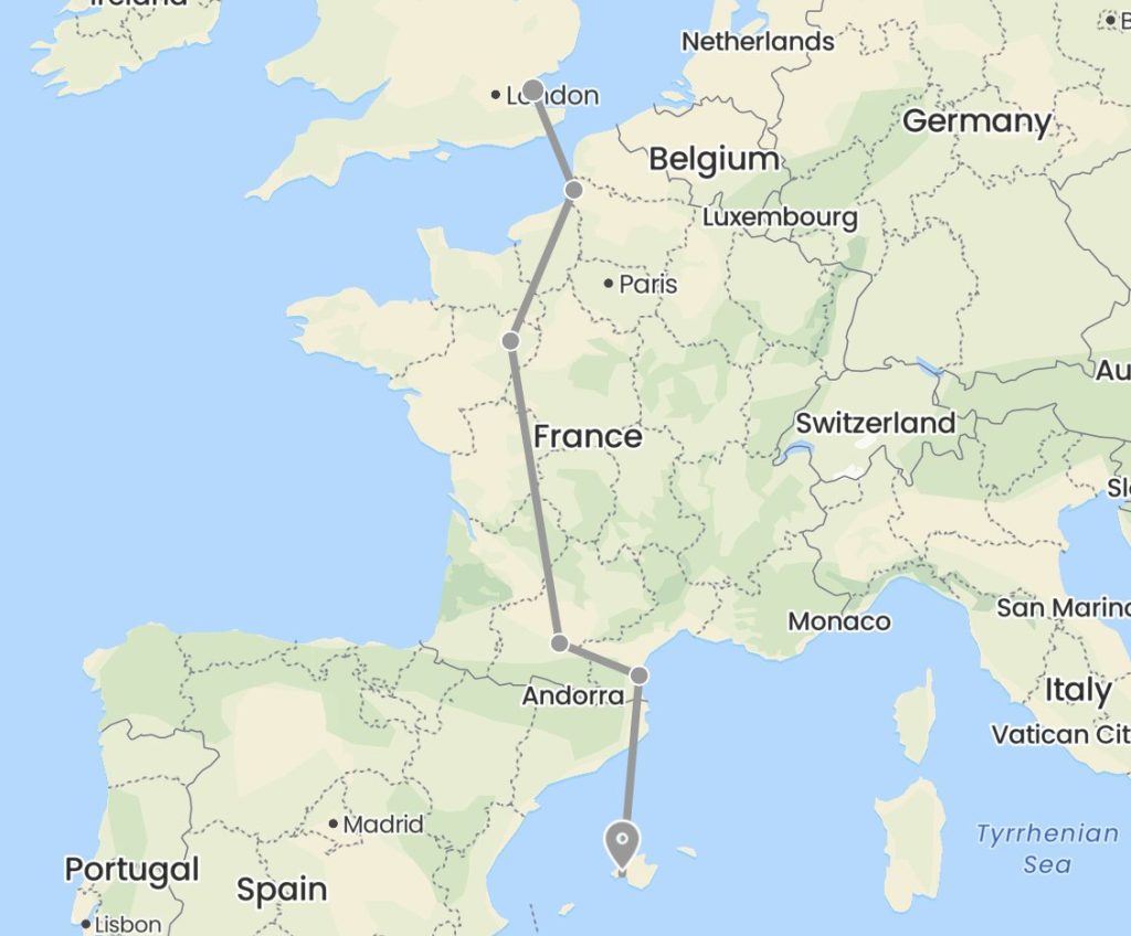 Map showing flight path from London to Ibiza via Paris and Andorra, highlighted on Helipaddy.