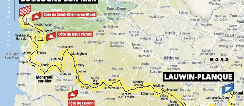 Map of cycling route from Boulogne-sur-Mer to Lauwin-Planque, France. Discover with Helipaddy.