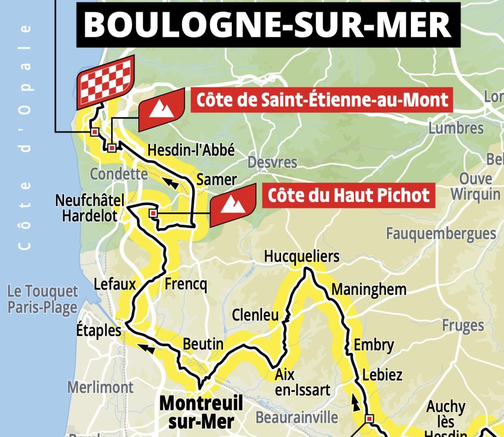 Map highlighting Boulogne-sur-Mer cycling route