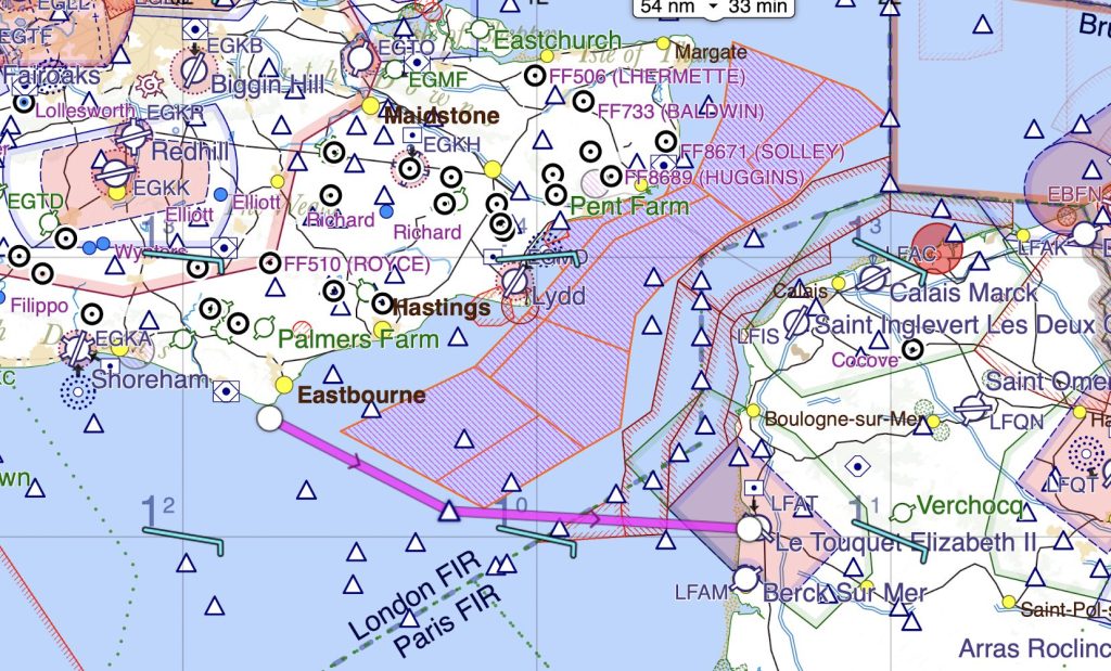 Map highlighting flight paths over the UK and northern France, featuring Helipaddy locations for pilots.