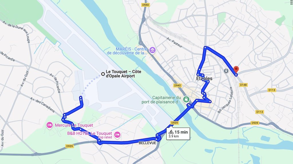 Cycling route from Helipaddy near Le Touquet Airport to Étaples, France.