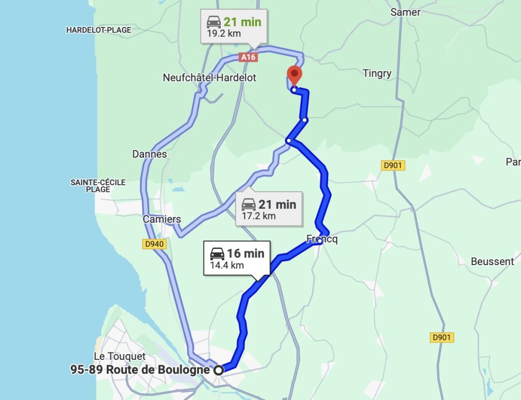 Route from 95-89 Route de Boulogne to Neuchâtel-Hardelot via Helipaddy, map showing travel distances and times.