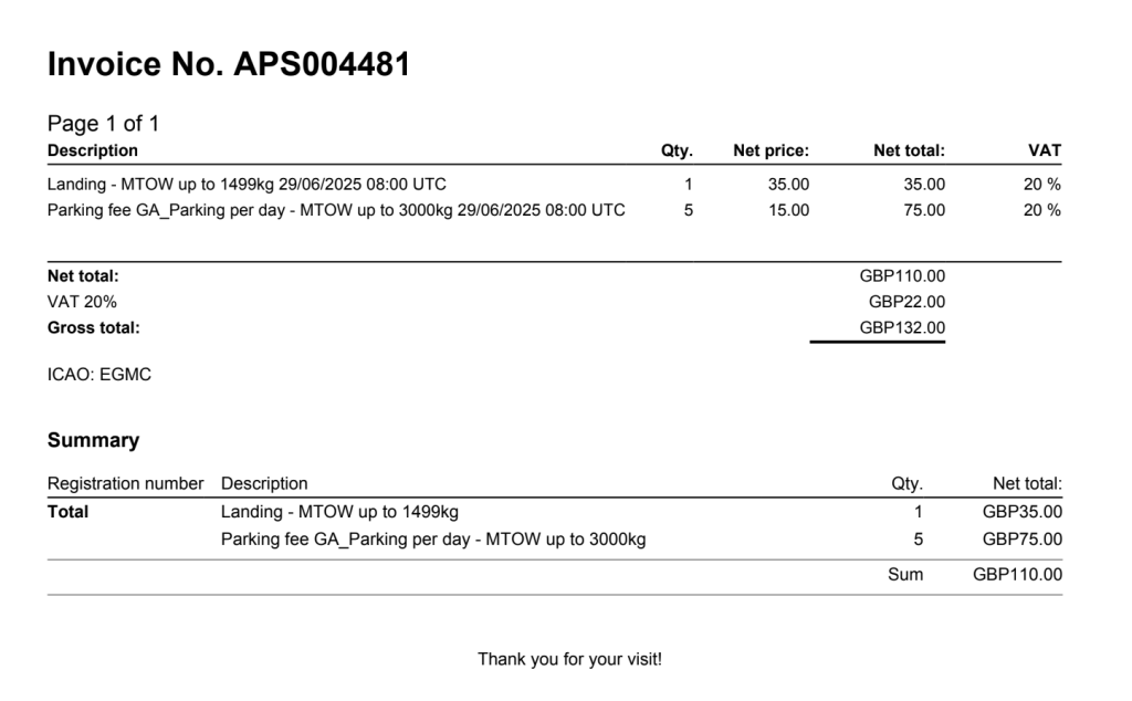 Invoice for landing and parking fees at EGMC via Helipaddy, totals GBP132.00, dated 29/06/2025.