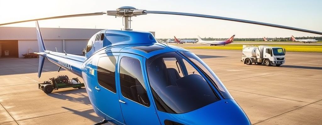 Blue helicopter on tarmac, clear sky, associated with Helipaddy landing info app.