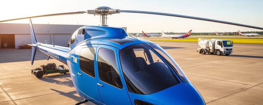 Blue helicopter on tarmac, clear sky, associated with Helipaddy landing info app.