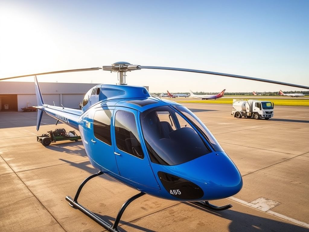Blue helicopter on tarmac, clear sky, associated with Helipaddy landing info app.